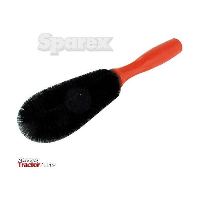 A brush for alloy wheels, product number S.20415, featuring a red plastic handle and stiff black bristles, with the "Sparex" brand and "Massey Tractor Parts" logos in the background.