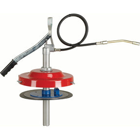 A Sparex Bucket Greaser (Part No. S.14588) with a red housing, featuring a pump action mechanism, is connected to a black hose and a metal dispensing nozzle.