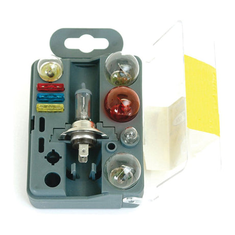 Introducing the Sparex Bulb Reserve Pack 12V / H7 (Sparex Part No. S.31129), a plastic case that includes an assortment of automotive light bulbs and fuses, featuring 12V H7 halogen bulbs, a variety of clear and colored bulbs, and three rectangular fuses.