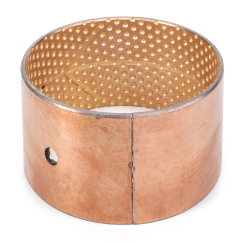 A Massey Ferguson - Bush - 3384093M1 from the AGCO brand, featuring a cylindrical bronze design with a perforated interior and a small hole on one side, is shown against a white background.