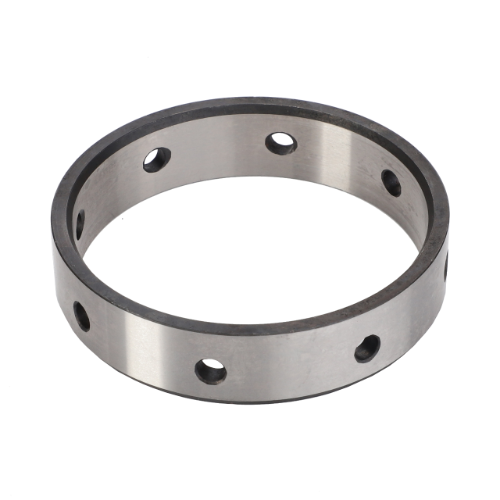 A crucial component of the Massey Ferguson 5400 Series tractor parts collection, the AGCO Massey Ferguson - Bush - 3619253M2 is a metallic cylindrical ring with six evenly spaced holes around its circumference.