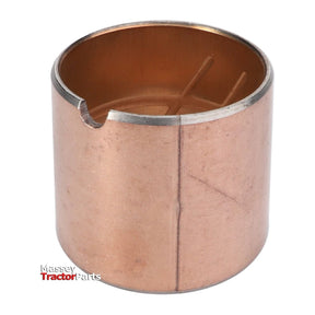 A cylindrical metal sleeve with a notch at the top, likely a tractor part, is displayed against a white background. The Massey Tractor Parts logo is present in the bottom left corner. This item, named "Massey Ferguson - Bush - 897712M2" by AGCO, is compatible with various Massey Ferguson tractor models and typically comes in a pack of two.