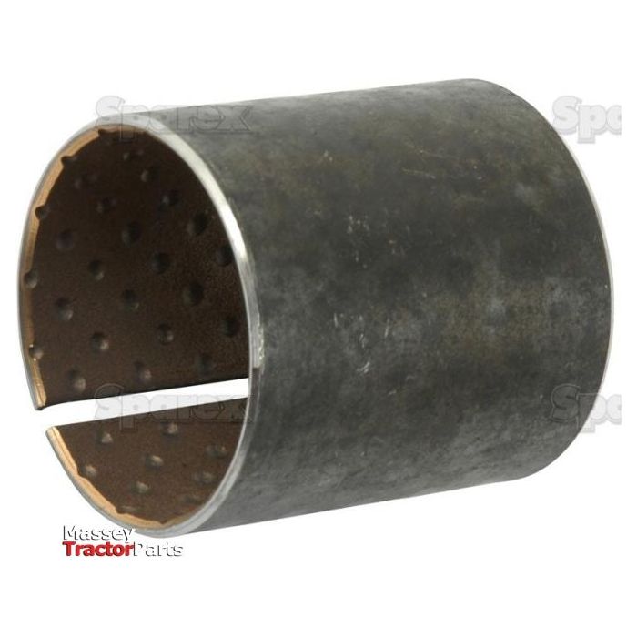 A cylindrical metal bearing sleeve with a small longitudinal cut, featuring a sintered lining and a textured inner surface. The product image has a watermarked logo stating "Massey Tractor Parts." This item is known as the Bush - S.3727 by Sparex.