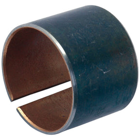 The Sparex Spindle Bush (Part No. S.40117) is a cylindrical, hollow, metallic bearing sleeve with a slit along its length that partially reveals the copper-colored inner surface, making it ideal for use in a Massey Ferguson steering shaft.