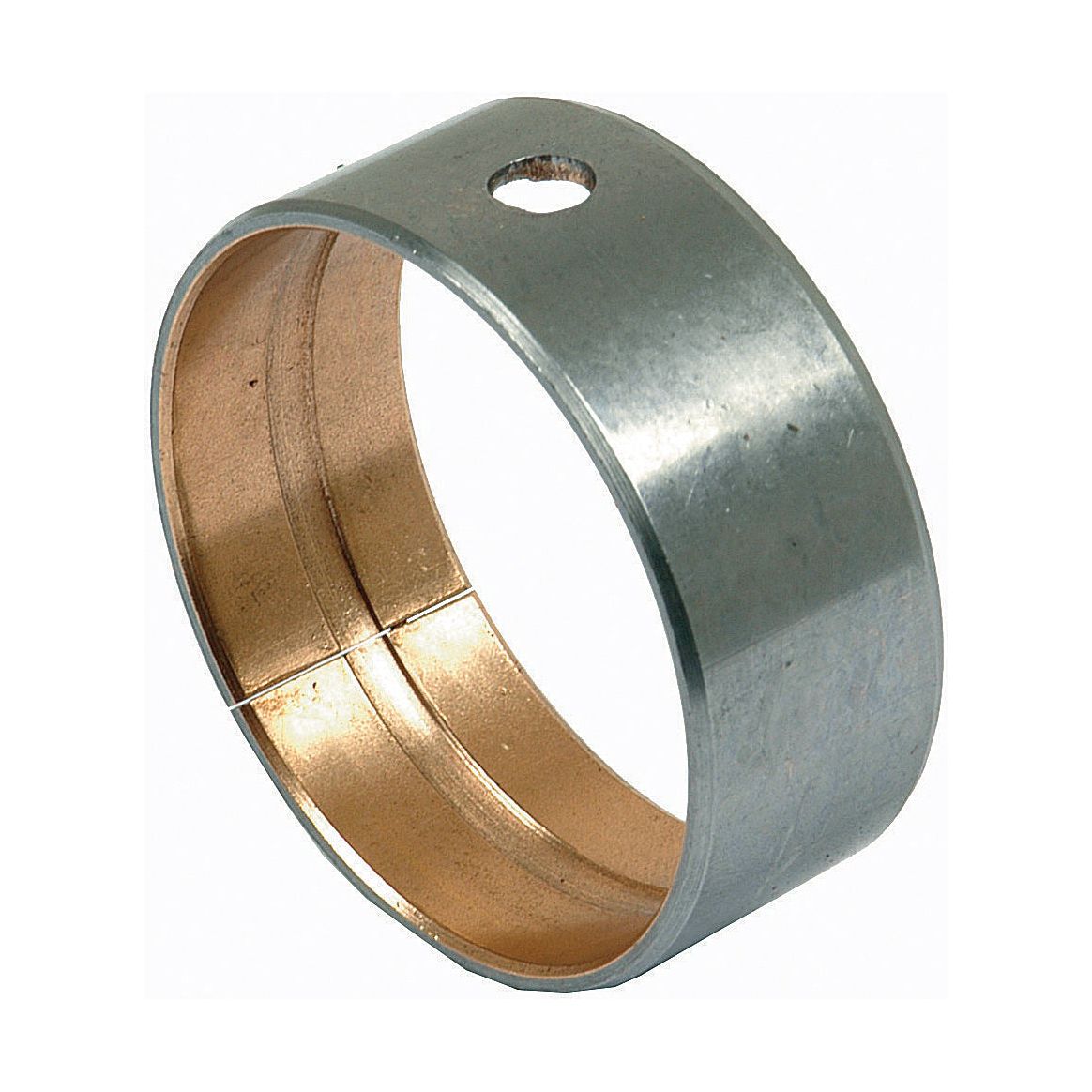 The Spindle Bush, Sparex Part No. S.57743, features a metal cylindrical design with a hole and a smooth metallic surface, shown at a slight angle. Compatible with Case IH for use as a Steering Bar Bush, this Sparex component ensures durability and precision.