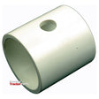 A white, cylindrical Axle Pivot Pin Bush (S.57748) from Sparex is displayed against a plain white background. It features a central hole near the top and has "Massey Tractor Parts" labeled in the bottom left corner along with its Tariff Code for customs purposes.