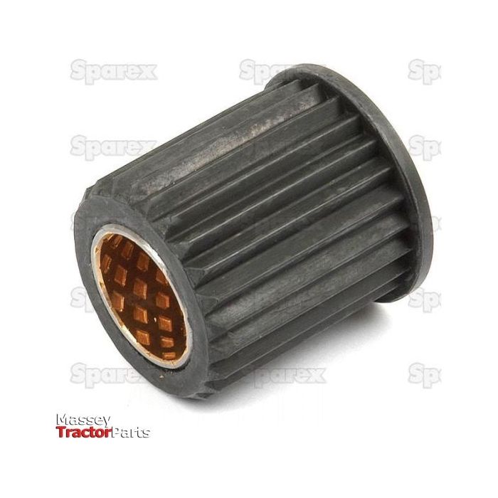 A close-up of a black cylindrical spindle bush from Sparex, featuring a ribbed exterior and a golden honeycomb-patterned interior. The product displays logos for Sparex, Massey Tractor Parts, and Ford / New Holland. This Spindle Bush - Top Steering Shaft part number S.65153 showcases intricately detailed engineering.