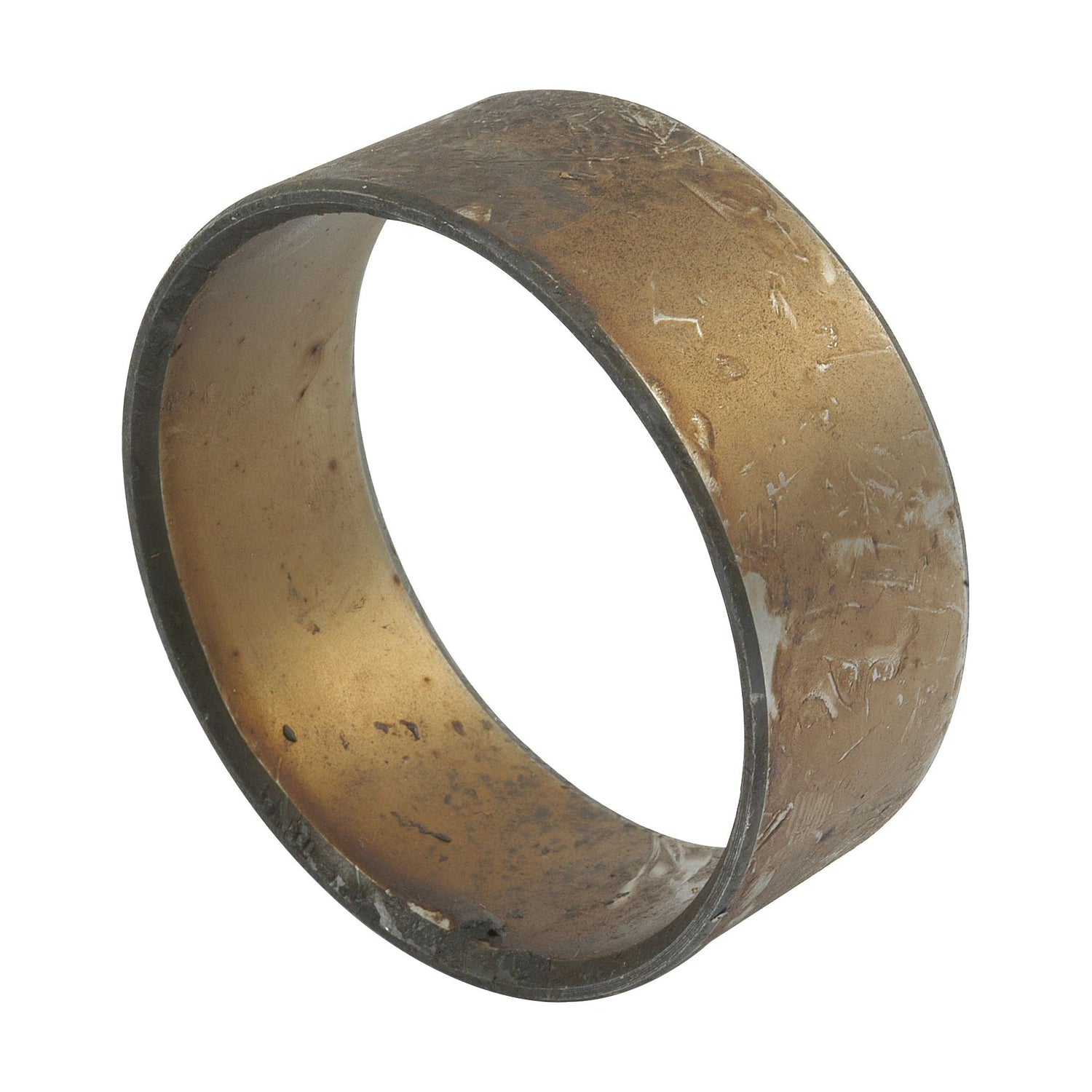 Image of a worn Axle Pivot Pin Bush - S.7723 by Sparex, with a bronze or brass appearance, showing signs of scratches and wear. The depth and outer diameter (OD) reveal its age and use over time.