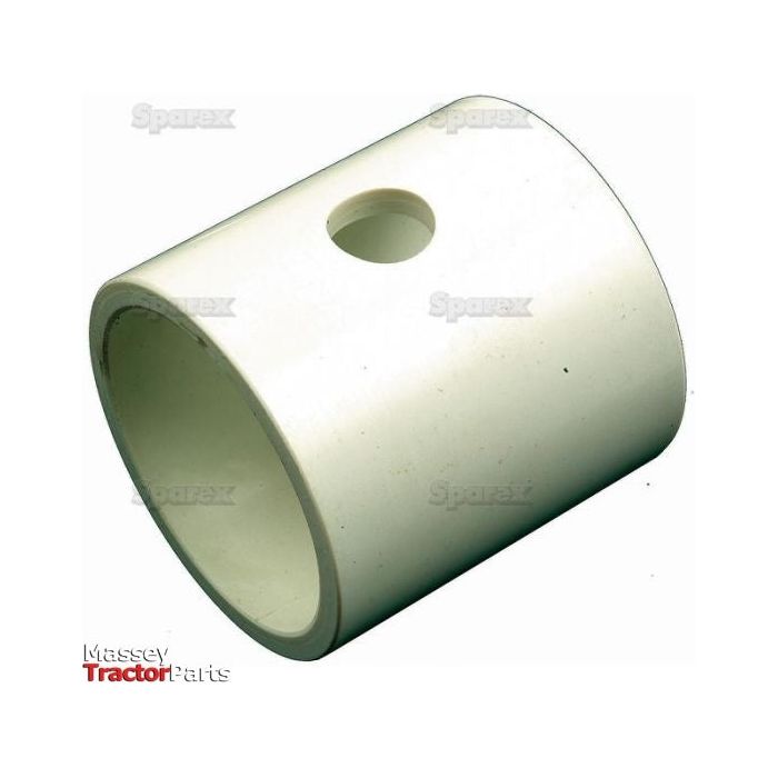 A white cylindrical plastic sleeve bushing featuring a hole and smooth inner and outer surfaces, with text reading "Massey Tractor Parts" and branded with "Sparex." This product, known as the Axle Pivot Pin Bush - S.57748, has an OD depth meticulously designed for efficient performance.