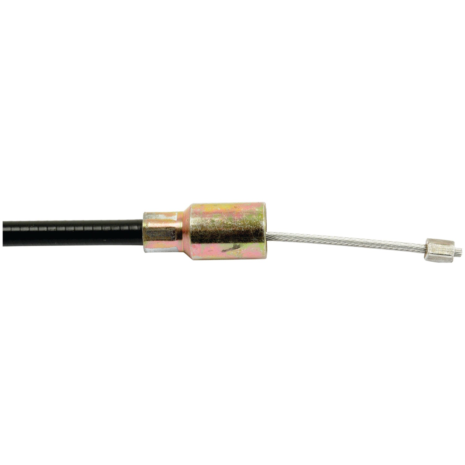 Close-up of the Trailer Brake Cable 1130 - 1340mm from Sparex (Part No. S.23208), showcasing a black cable sheath with a metal ferrule, exposing a thin steel wire cable extending from it, commonly used in Ifor Williams trailers.