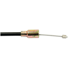 Close-up of the Trailer Brake Cable 1130 - 1340mm by Sparex (Sparex Part No. S.23208), featuring a cylindrical connector attached at one end and a small metal cap at the tip. The cable length is partially enclosed in a black sleeve, making it suitable for Ifor Williams trailers.