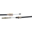 Two sections of a mechanical cable assembly, one featuring a threaded connector and the other with a metallic sleeve and cable end fitting, arranged horizontally against a white background. This setup resembles the durable components you'd find in Ifor Williams trailers. This high-quality component is the Trailer Brake Cable 1640 - 1850mm from Sparex, Part No.S.23223.