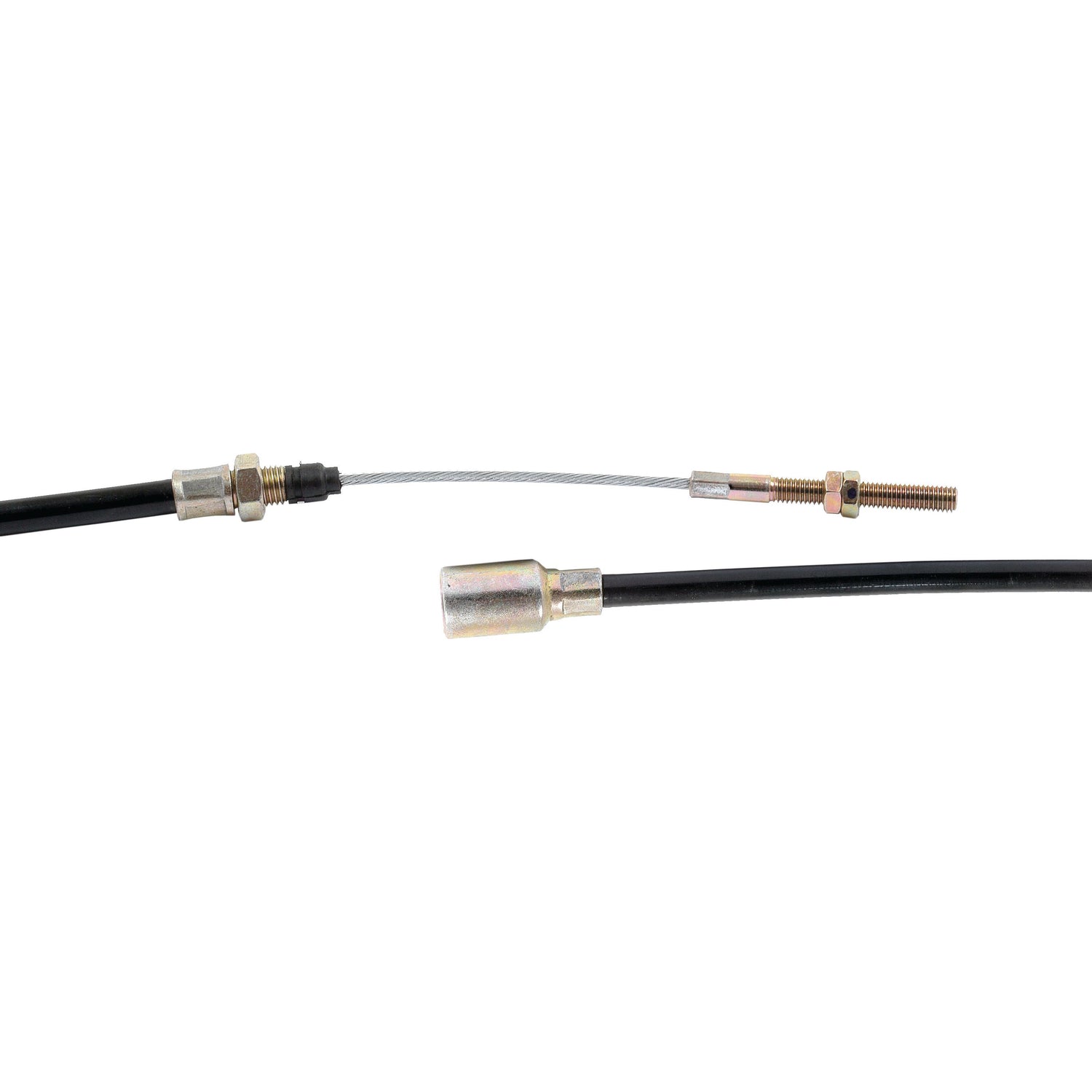Two black cables with metal connectors, one featuring a threaded end and the other with a cylindrical end, positioned on a white background—ideal for your Ifor Williams trailer or as a Sparex Trailer Brake Cable S.23217 replacement.