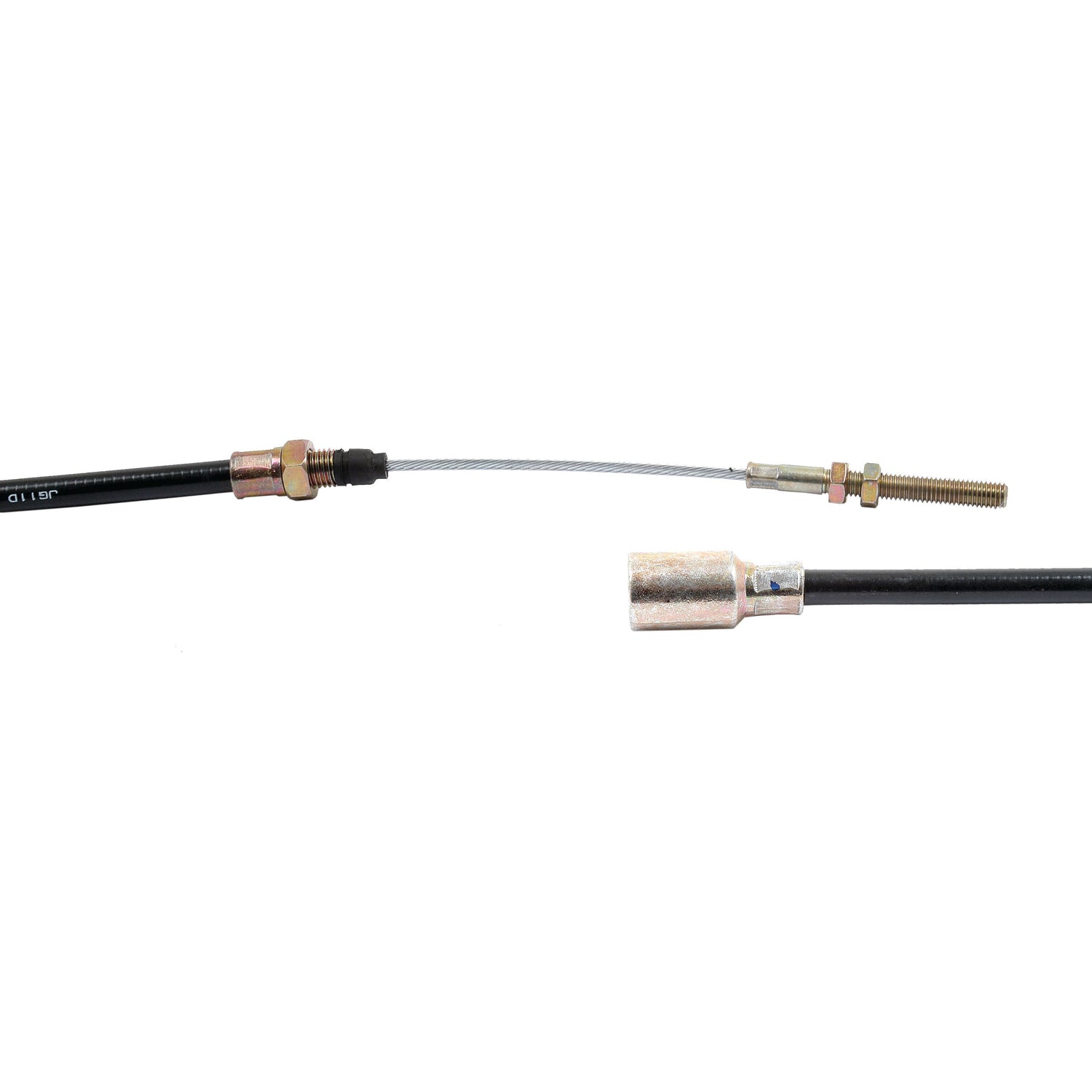 A close-up of a separated Trailer Brake Cable 930 - 1140mm | Sparex Part No.S.23218 by Sparex shows its different internal metal and external rubber components against a white background.
