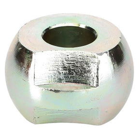 A metallic spherical nut with a central hole and a smooth, reflective surface, displaying some wear and scratches, reminiscent of the robust AGCO Massey Ferguson - CAT 1 Lower Link Ball - 886428m1 components found on tractors.