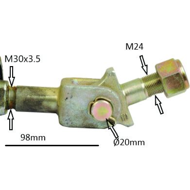 Close-up of the Sparex Automatic Bar Hole Stabiliser with Float Position (S.33165) featuring labeled dimensions and thread sizes: M30x3.5 thread, M24 nut, and Ø20mm diameter. The primary component length is 98mm. Ideal for those seeking precise manufacturing details on essential specifications.