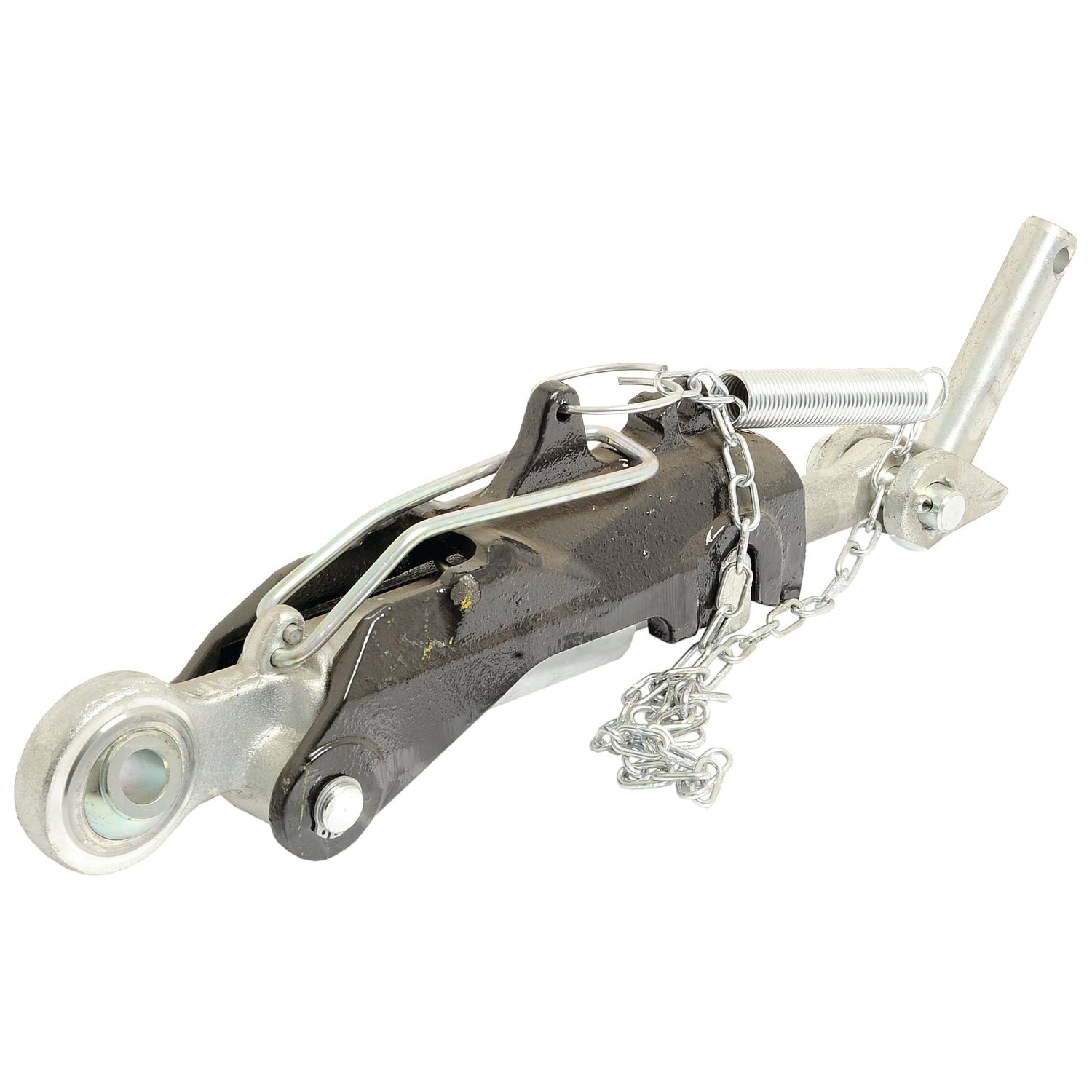 The Sparex Automatic Bar Hole Stabiliser with Float Position (S.33182) features a sturdy construction with a metal chain and spring, along with a lever and mounting points. Ideal for various towing needs, this device ensures reliable performance.