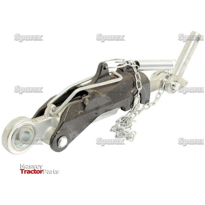 An Automatic Bar Hole Stabiliser with Float Position (S.33182), branded with "Sparex," features a metal design and includes a chain. It is compatible with various tractor models, providing versatile compatibility.