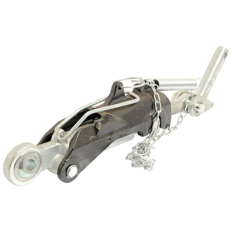 The Sparex Automatic Bar Hole Stabiliser with Float Position - S.33182 is a mechanical trailer coupling device with a silver finish, featuring a spring, chain, and locking mechanism. It is suitable for various towing needs.