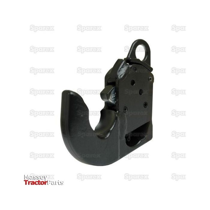 The Lower Link Weld-On Hook (Cat. 2S) by Sparex (Part No. S.33049), designed for heavy-duty agricultural or industrial use, is depicted on a white background, with the words "Sparex Massey TractorParts" faintly visible in the backdrop. This robust black trailer hitch hook, suitable for tractors, is an essential component of any repair kit.