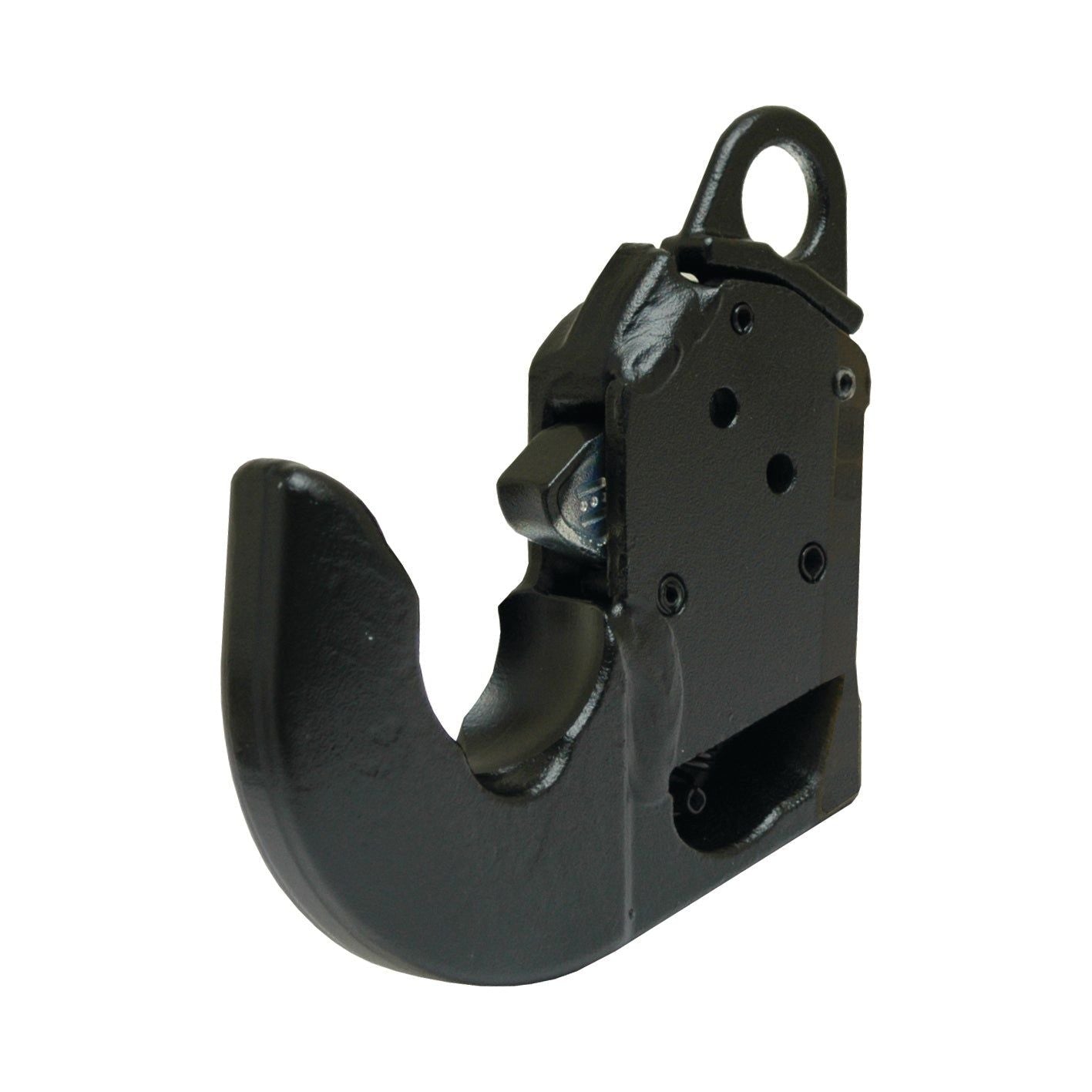 The Sparex Lower Link Weld-On Hook (Cat. 2S), Sparex Part No.S.33049, is a black metal towing hook featuring a curved open claw and mounting holes, designed for attachment to a vehicle. Suitable for tractors, it can be an essential part of any repair kit.