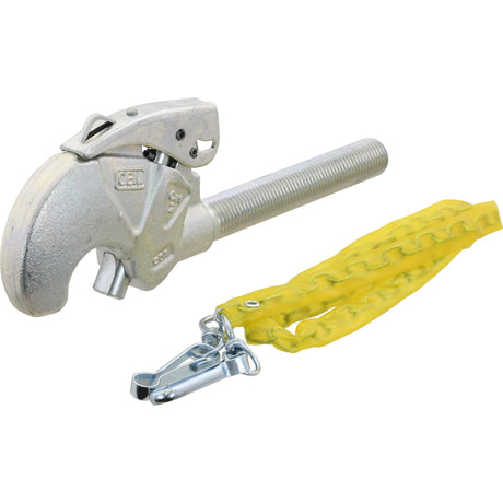 Product Specifications: The Top Link Forged Hook - Cat. 2 (S.33053) from Sparex, featuring a metal threaded bolt sized M27 x 3.00 (RH) and a yellow plastic-covered chain attached to a clip.
