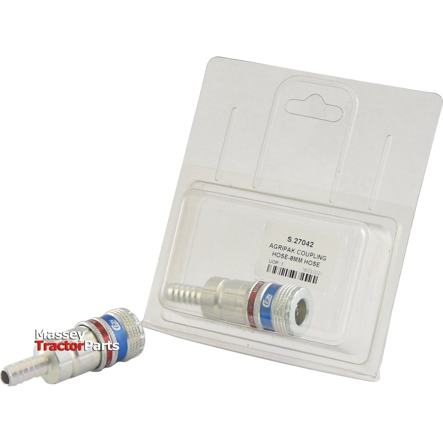 Packaging of the Sparex AGRIPAK COUPLING HOSE-8MM HOSE, Part No. S.27042, with an additional CEJN TAPERED TAIL PIECE COUPLING displayed in front. The packaging features a transparent front and includes a label detailing the item's information, including the hose's inner diameter.