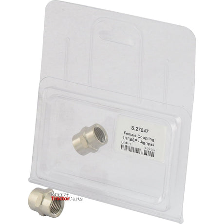 A packaged female coupling labeled "Sparex Part No.S.27047 Female Coupling 1/4'' BSP - Agripak" is displayed, with another 1/4'' BSP female connector positioned in front of the package.