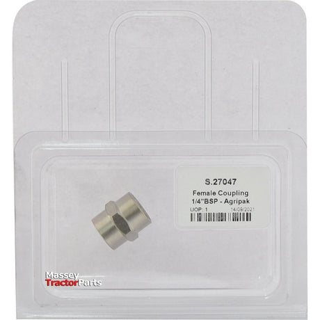 A packaged female coupling labeled "Female Coupling 1/4''BSP - Agripak | Sparex Part No.S.27047." The packaging prominently features the Sparex logo and includes a 1/4 BSP Female Connector.