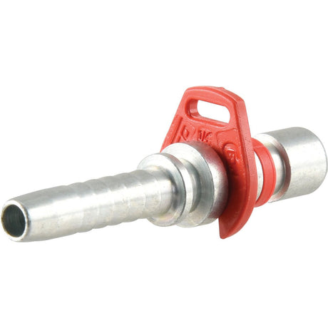 Close-up of a metal hose barb fitting with a red plastic valve handle attached, resembling the precision and quality of a Sparex WEO Hose Insert - Ref. 147100404 (Sparex Part No.S.151481).