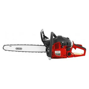 Description: The Cobra CS420-16 petrol chainsaw features a 16" Oregon bar and chain in red and black, with a white guide bar and an ergonomic handle for grip. The body is adorned with the Cobra logo.