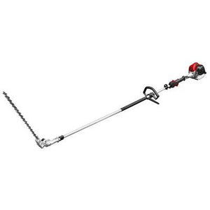 The Cobra PETROL LONG REACH HEDGETRIMMER COLRH26C showcases a silver shaft, black grip, and red motor housing powered by a 2-stroke engine.