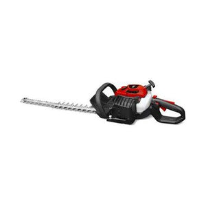 The Cobra - PETROL HEDGETRIMMER - COHT62C boasts a powerful 22cc 2-stroke engine and a long, serrated double-sided blade. Its sleek red, white, and black design is enhanced by a comfortable black handle, making it ideal for efficient trimming tasks.