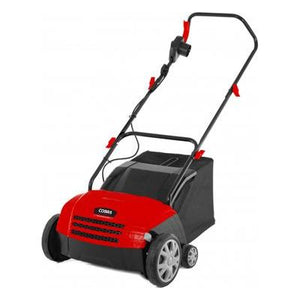 The Cobra SA32E 13" Electric Scarifier and Aerator by Cobra, featuring a 1300W motor, comes in red and black with a bag attachment and an easy-push handle, showcased against a white background.