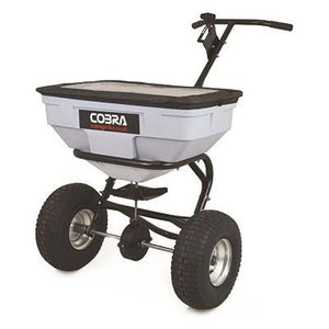 The Cobra HS60 125LB Walk Behind Spreader (COHS60) boasts a generous 125lb capacity, a large hopper, four robust pneumatic tires, and a sturdy handlebar.