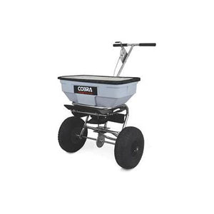 A Cobra COBRA HS60S 125LB Stainless Steel Walk Behind Spreader - COHS60S features a rectangular hopper, mounted on a four-wheel steel frame with pneumatic tyres and stainless steel construction, as well as a handlebar for easy maneuvering. Perfect for large tasks, its 125lb capacity ensures efficient performance.