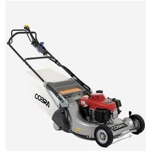 The Cobra RM53HST-PRO 21" Petrol Roller Mower, featuring a hydrostatic drive and powered by a robust Honda GXV160 engine, comes in red and silver with a push handle and grass collection bag attached at the back. This Cobra lawn mower is designed for efficiency and durability in maintaining your lawn.