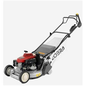 The Cobra - RM48SPH 19" petrol powered rear roller lawnmower (model CORM48SPH) by Cobra, features a reliable Honda GXV160 engine and a convenient grass collection bag attached, designed in red and black.