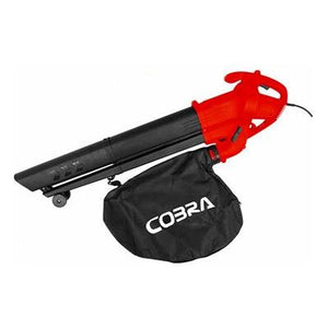 The Cobra - COBRA BV3001E ELECTRIC BLOWER VAC - COBV3001E, a red and black electric leaf blower, features a powerful 3000W motor and comes with an attached 35L collection bag labeled "COBRA". For efficient yard work, it boasts an impressive mulching ratio of 10:1.