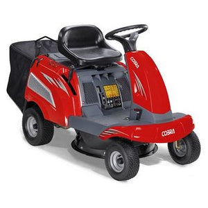 The Cobra LT62MRL Rider, model COLT62MRL, is a red ride-on lawn mower with a black seat, steering wheel, and grass collection bag at the back. Powered by a robust 7.0HP Loncin engine and featuring a 62cm cutting width, it offers precise control with its manual transmission.