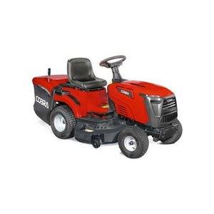 The Cobra COBRA LT86HRL 33" Deck Ride-On Tractor (Model COLT86HRL) is a red lawnmower with a black seat and steering wheel, large rear and front wheels, an 86cm cutting width, and a powerful 352cc Loncin OHV engine.