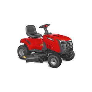 The Cobra COBRA LT108HSL 42" Side Discharge Ride On Tractor, featuring a red body with a black seat and four wheels, comes equipped with a convenient electric key start and offers a 42” cutting width along with a side grass chute.