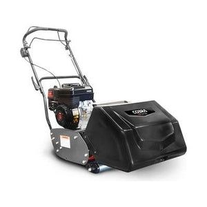 A black and silver Cobra Fortis20B petrol-powered cylinder lawnmower with a Briggs & Stratton engine and a collection box attached, designed for removing moss and thatch from lawns.