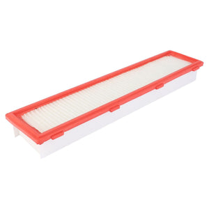 The Massey Ferguson - Cab Filter Cartridge - 6262995M1 by AGCO features a rectangular design with a red frame and white pleated filter material.