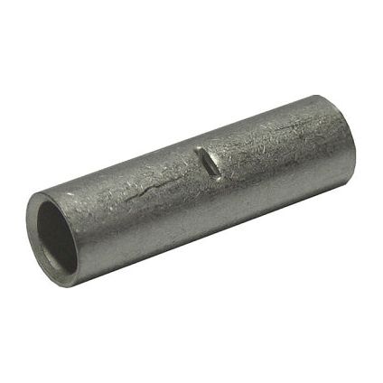 A close-up of the Sparex Cable Connectors - Non-insulated - S.28535, featuring a metallic cylindrical tube with a rough texture and a small indentation, showcasing detailed specifications.
