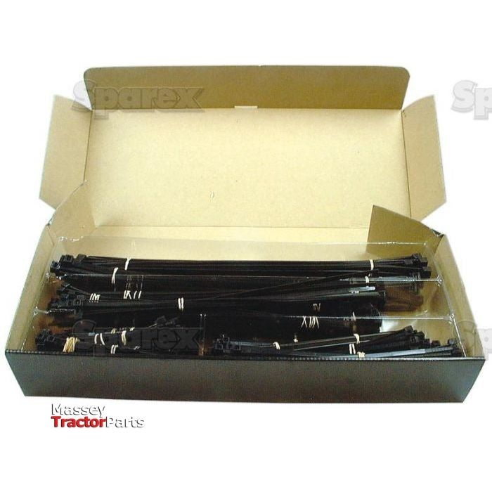 A cardboard box containing several black Cable Tie - Non Releasable, 120-540mm x 4.7-13.1mm neatly arranged in rows, Sparex Part No.S.12163 by Sparex.