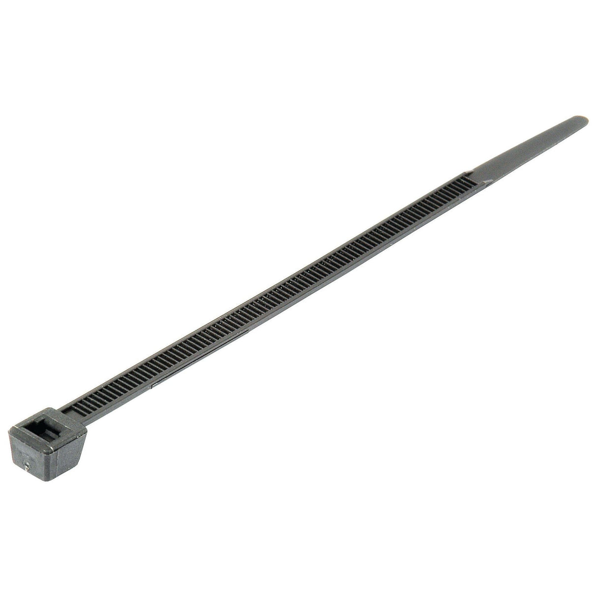 The Sparex Cable Tie - Non Releasable, 120mm x 4.8mm (Sparex Part No.S.5978) is a single black plastic tie featuring a serrated body and a non-releasable locking mechanism at one end, designed for securely bundling wires or other items.