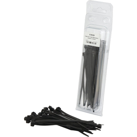 A pack of Sparex Cable Tie - Non Releasable, 120mm x 4.8mm (Sparex Part No. S.6325), with several loose cable ties placed in front of the packaging.