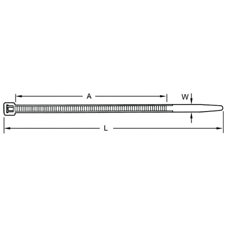 A diagram of a Cable Tie - Non Releasable, 200mm x 4.8mm (Sparex Part No. S.5977) from the brand Sparex with labeled dimensions: A for the locking section, W for the width, and L for the total length. The tie measures 200mm in length and 4.8mm in width.