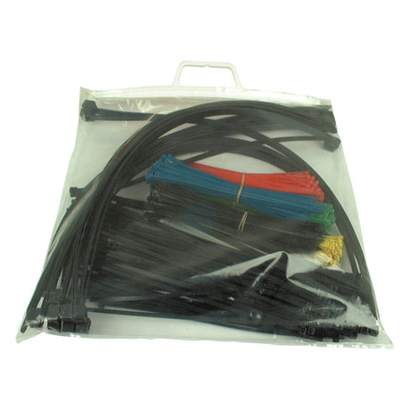 A clear plastic bag filled with various sizes (270-540mm x 4.8-13.1mm) and colors (black, red, blue, green, and yellow) of Sparex Cable Tie - Non Releasable (Sparex Part No.S.56697).